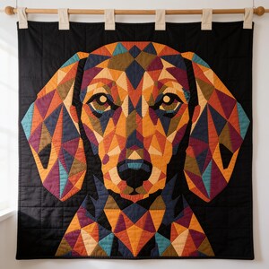 Modello per trapunta con bassotto, trapunta con applicazioni e collage, modello PDF per trapunta con cane, arazzo patchwork, modello per trapunta in stile folk art.
