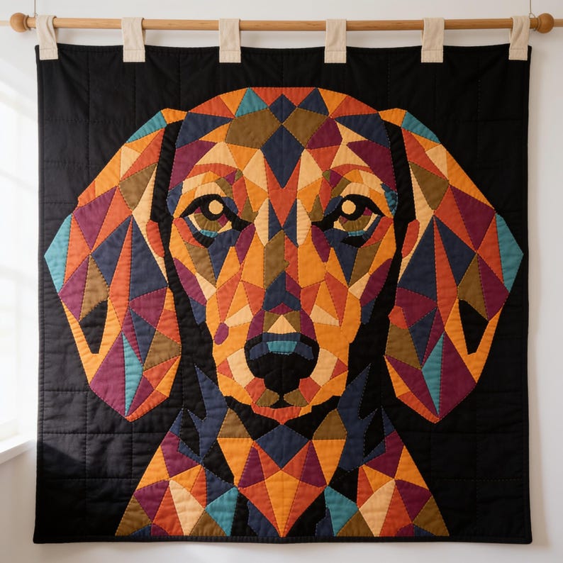 May include: A square wall hanging quilt featuring a geometric, multi-coloured dog portrait composed of triangular fabric patches in shades of orange, purple, blue, and brown, set against a solid black background with a wooden hanging rod.