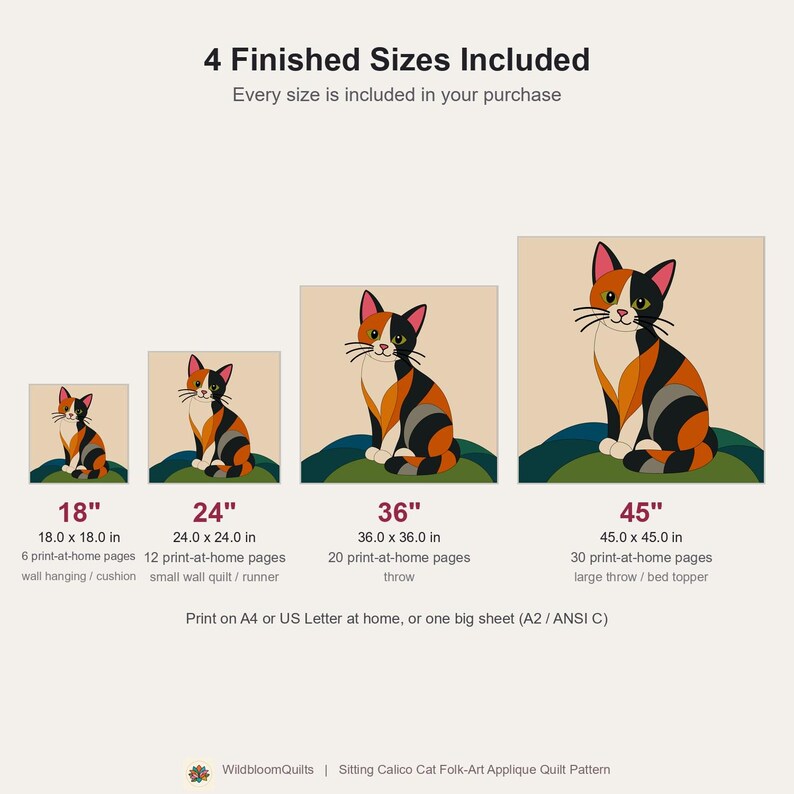 Calico Cat Quilt Pattern, Applique & Collage Quilt, Cat Quilt Pattern PDF, Patchwork Wall Hanging, Folk Art Quilt Template image 13
