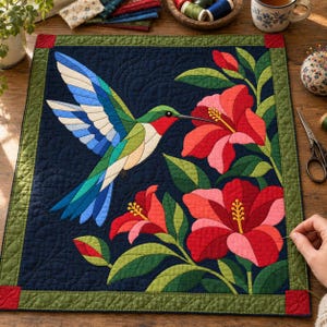 Patrón de colcha de colibrí, colcha de apliques y collage, patrón de colcha de pájaros en PDF, tapiz de pared de hibisco, plantilla de colcha de arte popular imagen 12