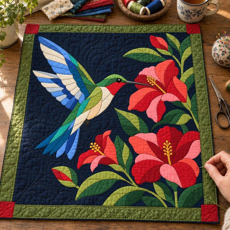 Patrón de colcha de colibrí, colcha de apliques y collage, patrón de colcha de pájaros en PDF, tapiz de pared de hibisco, plantilla de colcha de arte popular imagen 12