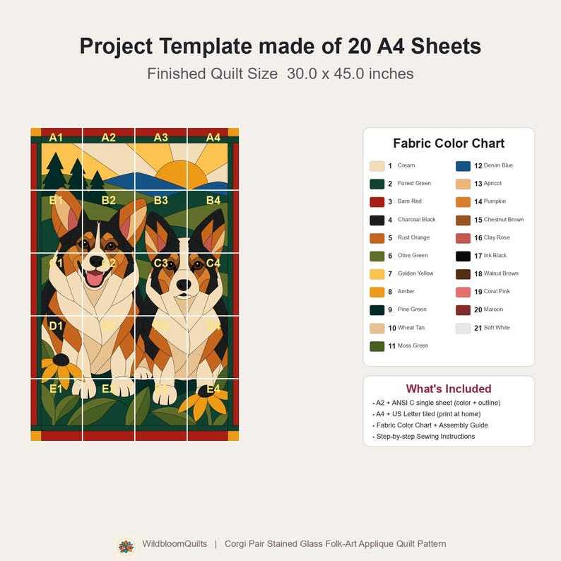Corgi Pair Quilt Pattern, Applique & Collage Dog Quilt, Animal Quilt Pattern PDF, Patchwork Wall Hanging, Folk Art Quilt Template image 15