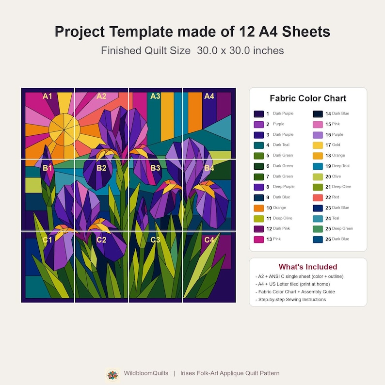 Iris Quilt Pattern, Raw Edge Fusible Applique, Flower Quilt Pattern PDF, Folk Art Wall Hanging, Patchwork Garden Quilt Template image 8
