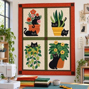 Black Cat Quilt Pattern, Applique & Collage Quilt, Houseplant Cat Quilt PDF, Patchwork Wall Hanging, Folk Art Animal Quilt Template image 11
