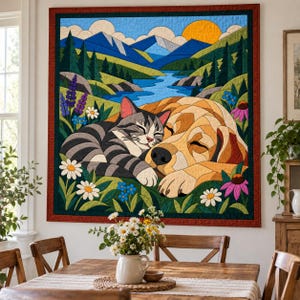 Sleeping Cat and Dog Quilt Pattern, Applique & Collage Quilt PDF, Pet Animal Quilt Pattern, Patchwork Wall Hanging, Folk Art Quilt Template image 6