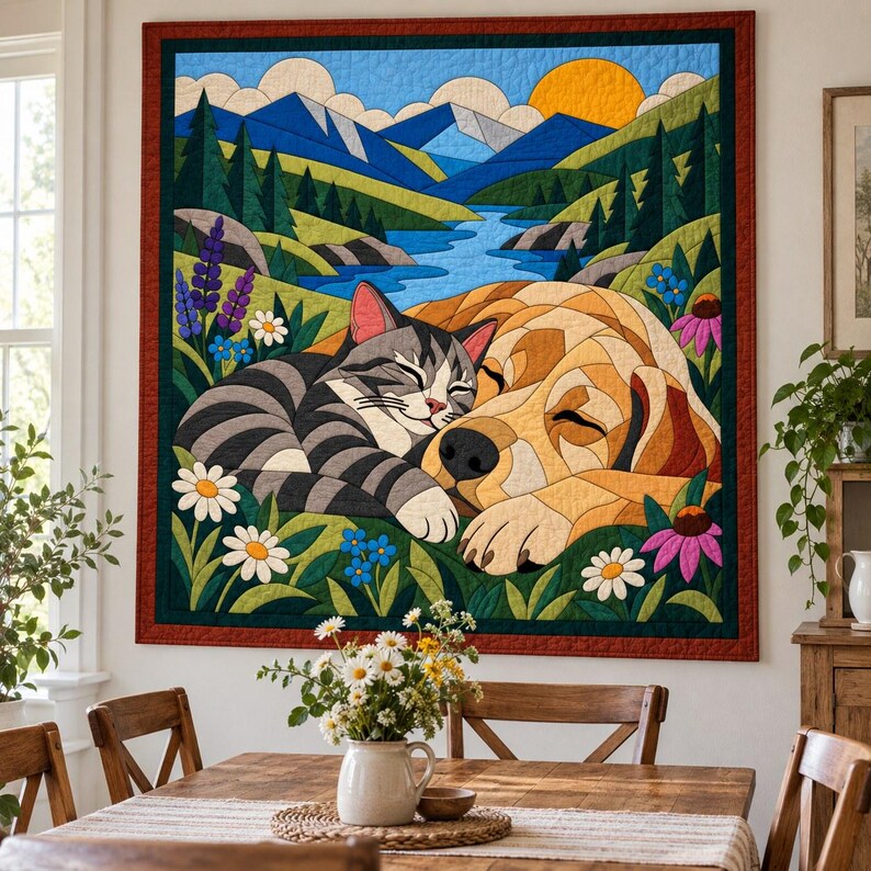 Sleeping Cat and Dog Quilt Pattern, Applique & Collage Quilt PDF, Pet Animal Quilt Pattern, Patchwork Wall Hanging, Folk Art Quilt Template image 6