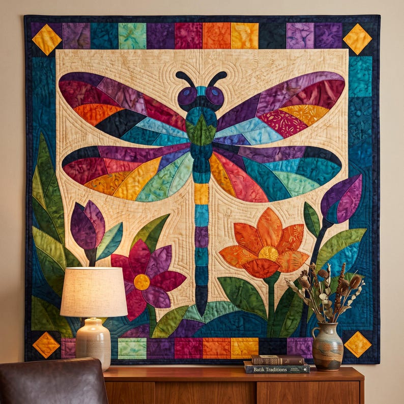 Mönster för trollslända-quilt, applikation med smältbara kanter, quiltmönster i PDF-format, väggbonad med lapptäcke, mall för quilt med folkkonst bild 9