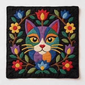 Folk Art Cat Quilt Pattern, Applique & Collage Quilt, Animal Quilt Pattern PDF, Patchwork Wall Hanging, Cat Lover Gift