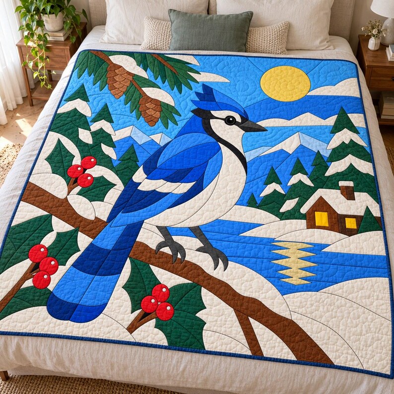 Blue Jay Quilt Pattern, Applique & Collage Quilt, Winter Bird Quilt Pattern PDF, Patchwork Wall Hanging, Folk Art Quilt Template image 10