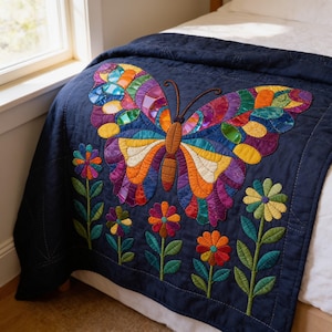 Butterfly Garden Quilt Pattern, Raw Edge Fusible Applique PDF, Folk Art Animal Quilt, Patchwork Wall Hanging Template image 11