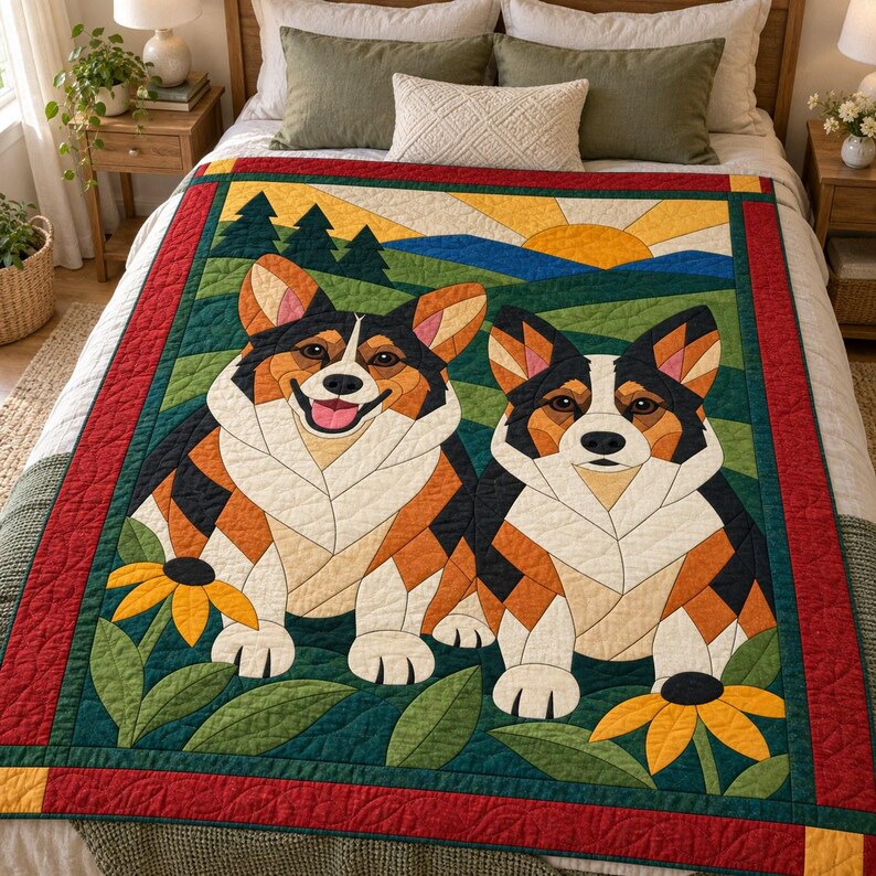 Corgi Pair Quilt Pattern, Applique & Collage Dog Quilt, Animal Quilt Pattern PDF, Patchwork Wall Hanging, Folk Art Quilt Template image 9
