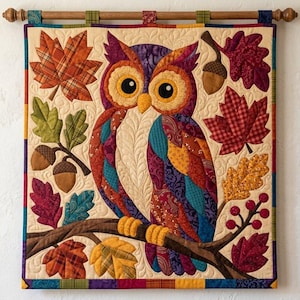 Herfstuil quiltpatroon, rafelige rand applicatie met strijkapplicatie, dieren quiltpatroon PDF, patchwork wandkleed, volkskunst herfst quilt sjabloon afbeelding 5