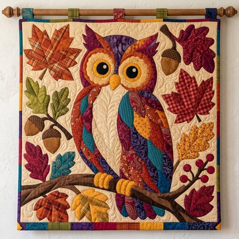 Herfstuil quiltpatroon, rafelige rand applicatie met strijkapplicatie, dieren quiltpatroon PDF, patchwork wandkleed, volkskunst herfst quilt sjabloon afbeelding 5