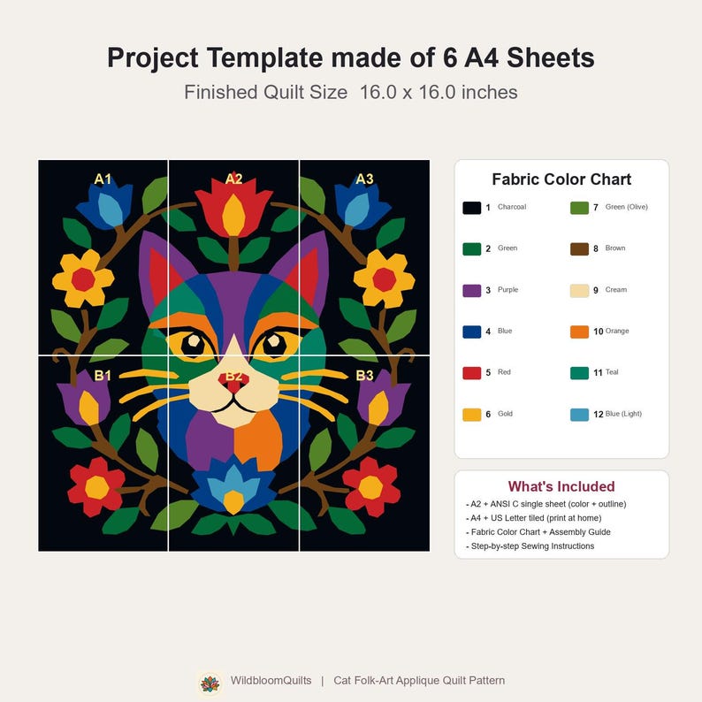 Cat Quilt Pattern, Floral Cat Wall Hanging Quilt Pattern PDF, Easy Applique Quilt for Beginners, Cat Lover Gift, Raw Edge Fusible Applique image 14