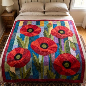 Klaprozenquiltpatroon, applicatie met rafelige rand en strijkapplicatie, bloemenquiltpatroon (PDF), patchwork wandkleed, sjabloon voor een quilt in volkskunststijl afbeelding 19