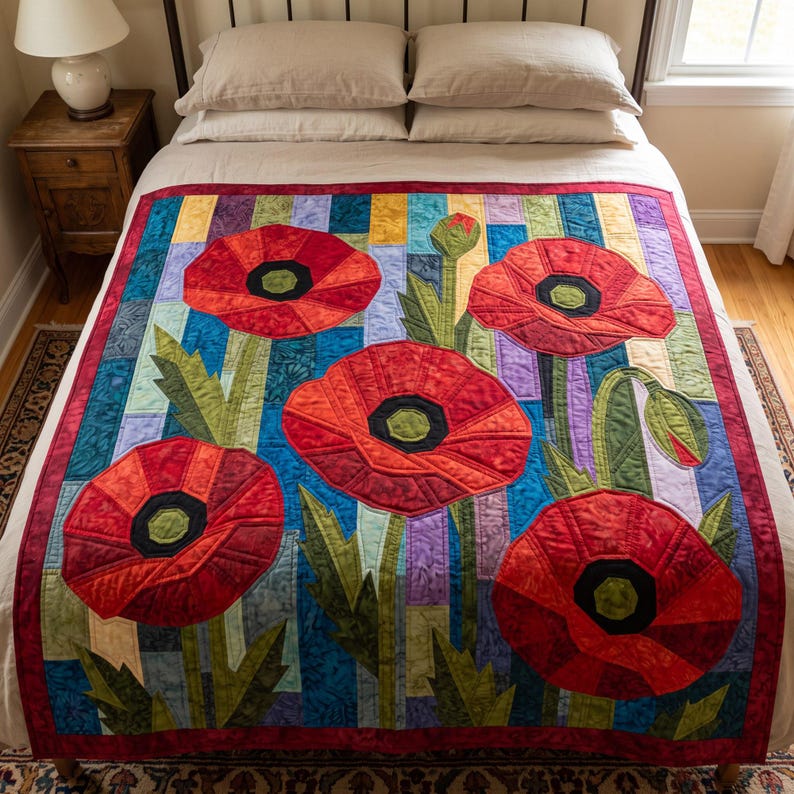 Klaprozenquiltpatroon, applicatie met rafelige rand en strijkapplicatie, bloemenquiltpatroon (PDF), patchwork wandkleed, sjabloon voor een quilt in volkskunststijl afbeelding 19