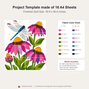 Mönster med trollslända- och solhattblommigt quiltmönster, applikations- och collagequilt i PDF-format, quiltmönster med blommigt djurmönster, applikation med råa kanter och smältbara mönster bild 13