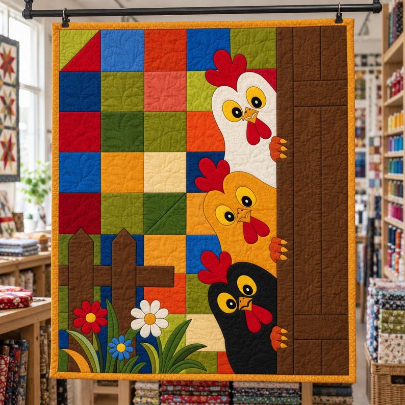 Padrão de colcha "Galinhas Espiando", aplique termocolante com borda crua, padrão de colcha de animais em PDF, tapeçaria de parede em patchwork, colcha de fazenda em estilo folk. imagem 5
