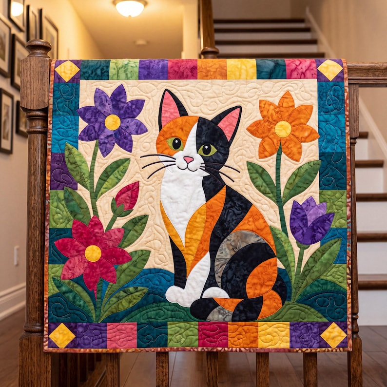 Calico Cat Quilt Pattern, Applique & Collage Quilt, Animal Quilt Pattern PDF, Patchwork Wall Hanging, Folk Art Quilt Template image 13