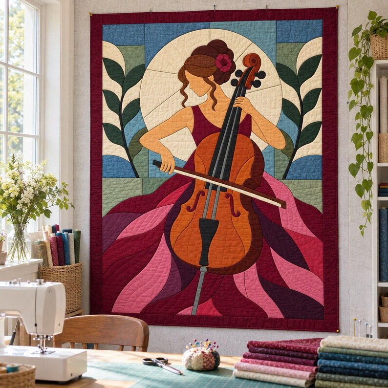Quiltmuster für Cellisten, Applikations- und Collage-Quilt, Quiltmuster für Musikliebhaber (PDF), Patchwork-Wandbehang, Quiltvorlage im Stil der Volkskunst Bild 8
