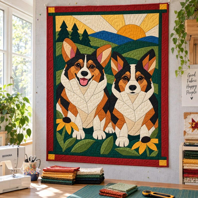 Corgi Pair Quilt Pattern, Applique & Collage Dog Quilt, Animal Quilt Pattern PDF, Patchwork Wall Hanging, Folk Art Quilt Template image 8
