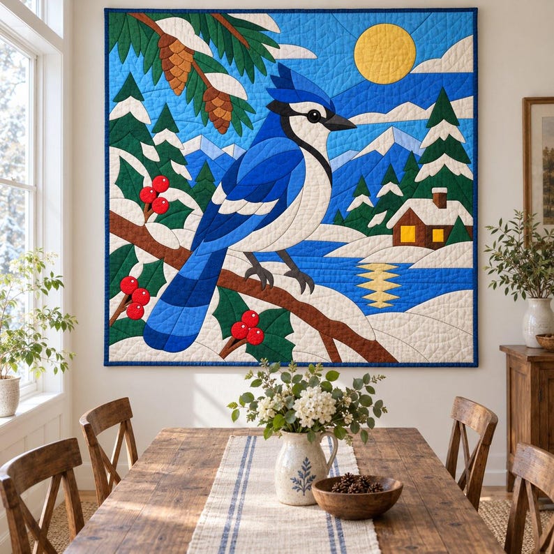 Blue Jay Quilt Pattern, Applique & Collage Quilt, Winter Bird Quilt Pattern PDF, Patchwork Wall Hanging, Folk Art Quilt Template image 7