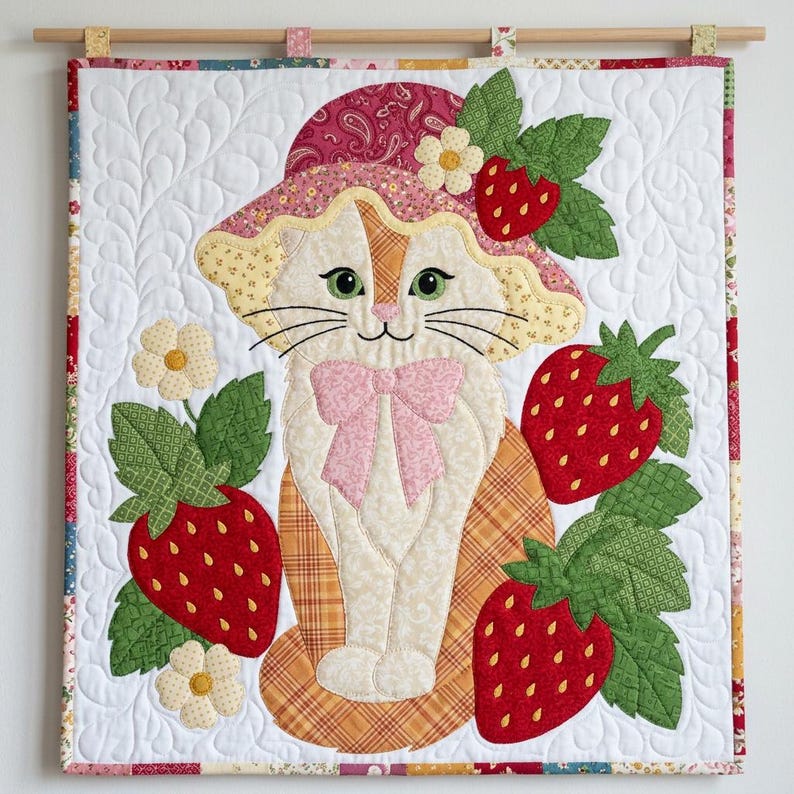 Strawberry Cat Quilt Pattern, Raw Edge Fusible Applique, Cat Quilt Pattern PDF, Patchwork Wall Hanging, Folk Art Quilt Template image 10