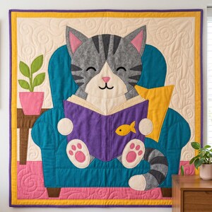 Reading Cat Quilt Pattern, Raw Edge Fusible Applique, Cat Quilt Pattern PDF, Patchwork Wall Hanging, Folk Art Quilt Template image 5