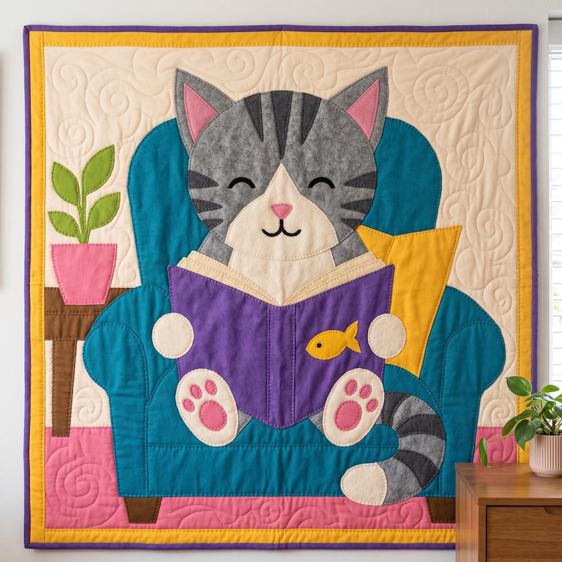 Reading Cat Quilt Pattern, Raw Edge Fusible Applique, Cat Quilt Pattern PDF, Patchwork Wall Hanging, Folk Art Quilt Template image 5