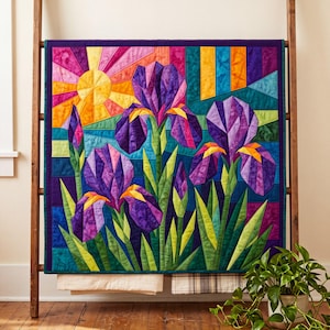 Iris Quilt Pattern, Raw Edge Fusible Applique, Flower Quilt Pattern PDF, Folk Art Wall Hanging, Patchwork Garden Quilt Template image 12