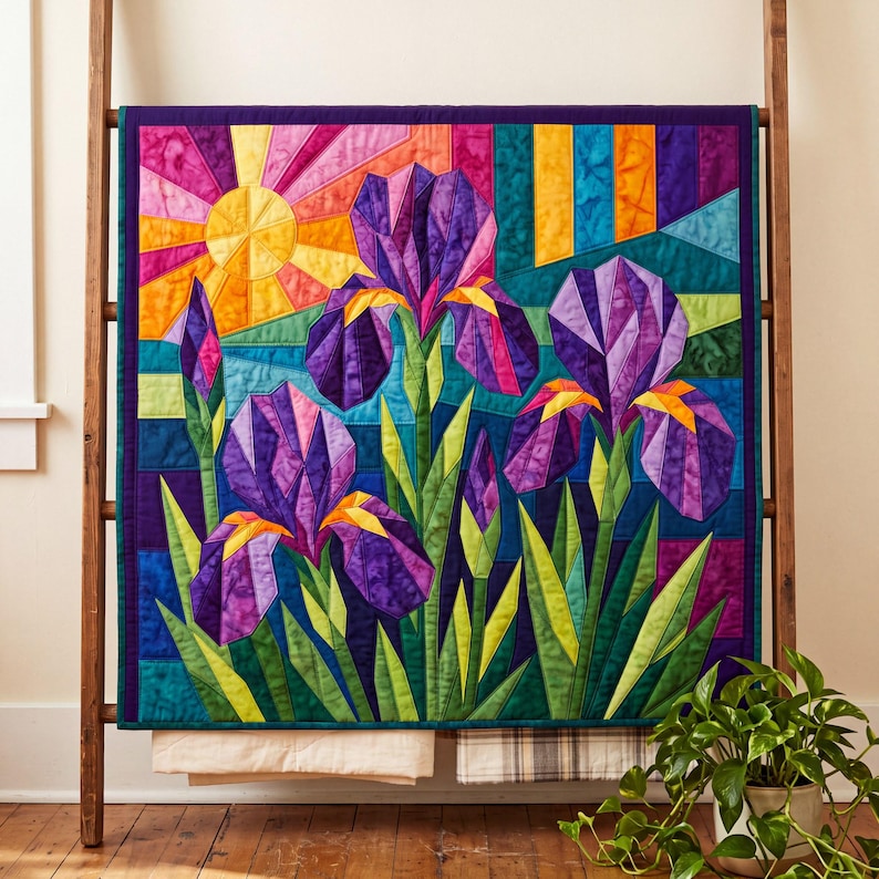 Iris Quilt Pattern, Raw Edge Fusible Applique, Flower Quilt Pattern PDF, Folk Art Wall Hanging, Patchwork Garden Quilt Template image 12
