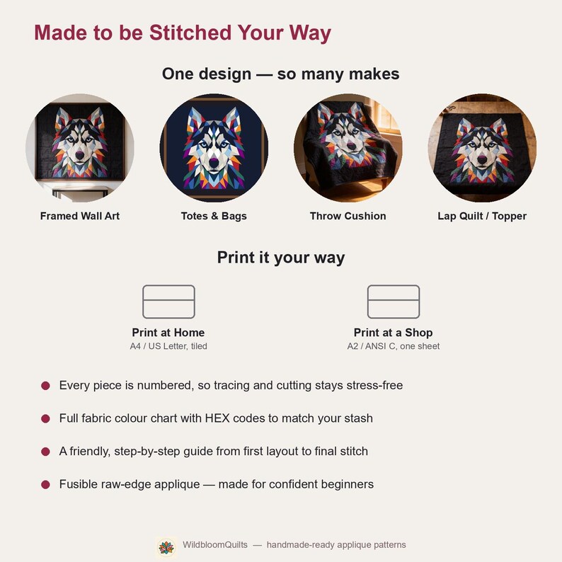 Husky Quilt Pattern, Dog Wall Hanging Quilt Pattern PDF, Beginner Applique Quilt Pattern, Wolf Dog Wall Quilt, Raw Edge Fusible Applique image 12