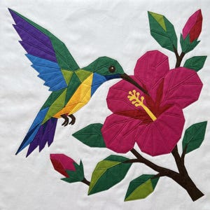 Hummingbird Quilt Pattern, Applique & Collage Quilt PDF, Tropical Bird Quilt Pattern, Hibiscus Patchwork Wall Hanging