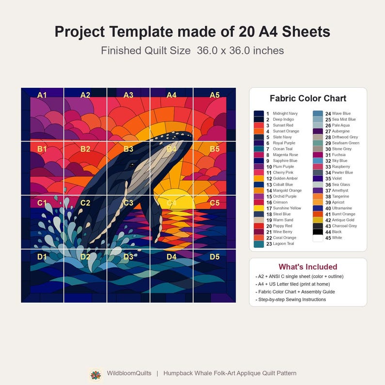 Humpback Whale Quilt Pattern, Raw Edge Fusible Applique PDF, Ocean Animal Quilt Pattern, Patchwork Wall Hanging, Folk Art Quilt Template image 14