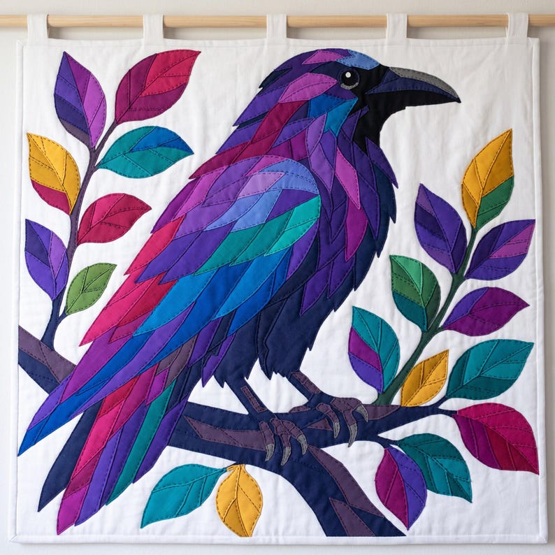 Modèle de courtepointe Corbeau, Appliqué thermocollant à bords francs (PDF), Modèle de courtepointe Oiseau, Décoration murale patchwork, Gabarit de courtepointe animal d'art populaire image 12