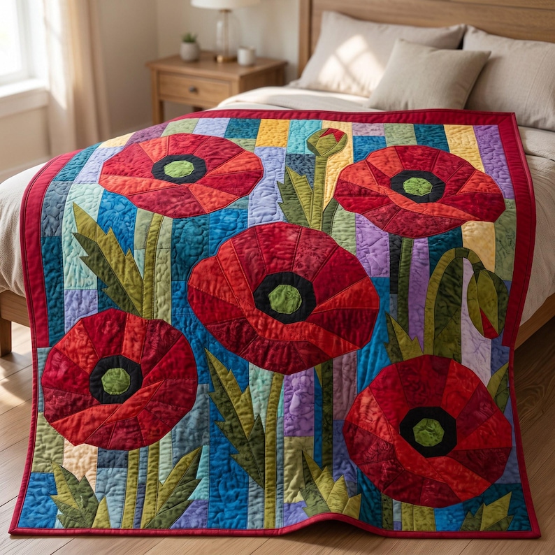 Klaprozenquiltpatroon, applicatie met rafelige rand en strijkapplicatie, bloemenquiltpatroon (PDF), patchwork wandkleed, sjabloon voor een quilt in volkskunststijl afbeelding 5