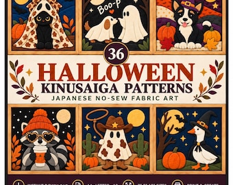 36 patrones de Kinusaiga para Halloween, plantilla, diseños de Kinusaiga para principiantes, plantilla de patchwork de seda japonesa, descarga de tela digital