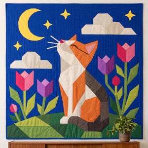Cat Quilt Pattern, Cat Wall Hanging Quilt Pattern PDF, Easy Applique Quilt for Beginners, Folk Art Cat Lover Gift, Raw Edge Fusible Applique image 6