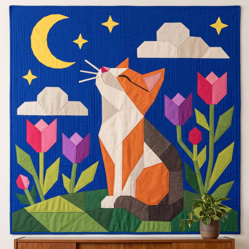 Cat Quilt Pattern, Cat Wall Hanging Quilt Pattern PDF, Easy Applique Quilt for Beginners, Folk Art Cat Lover Gift, Raw Edge Fusible Applique image 6