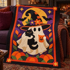 Halloween Ghost Quilt Pattern, Applique & Collage Quilt, Black Cat Quilt Pattern PDF, Patchwork Wall Hanging, Witch Hat Pumpkin Template image 11