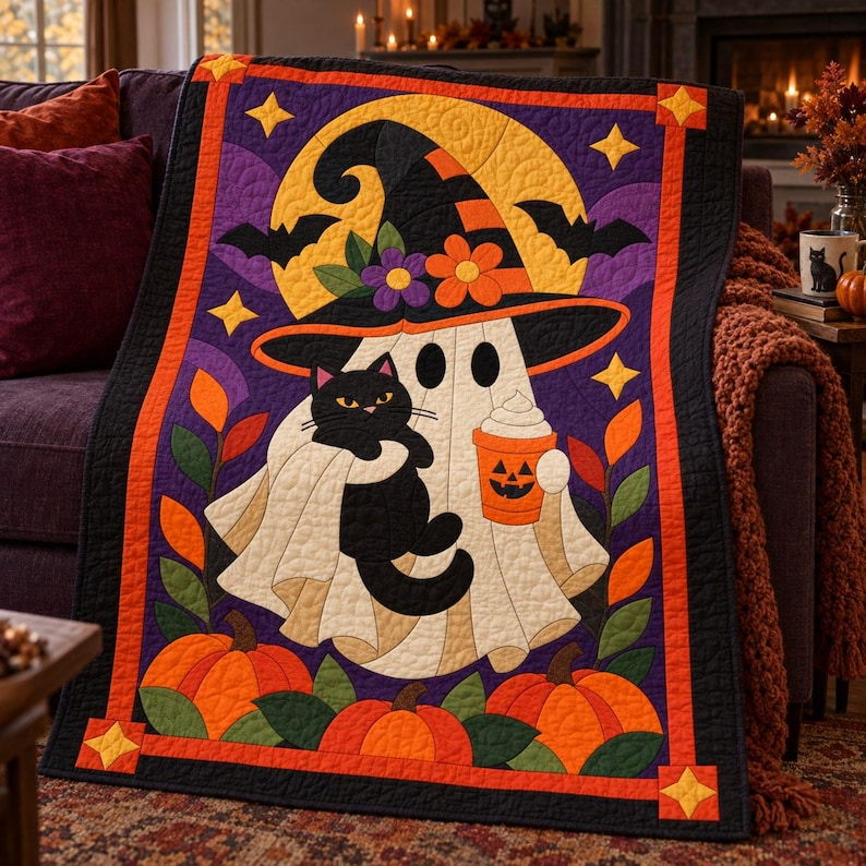 Halloween Ghost Quilt Pattern, Applique & Collage Quilt, Black Cat Quilt Pattern PDF, Patchwork Wall Hanging, Witch Hat Pumpkin Template image 11