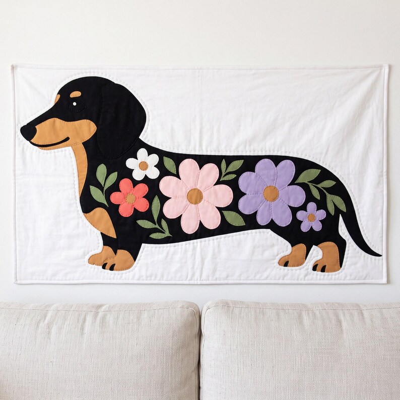 Dachshund Quilt Pattern, Dog Wall Hanging Quilt Pattern PDF, Easy Floral Applique Quilt for Beginners, Doxie Gift, Raw Edge Fusible Applique image 11