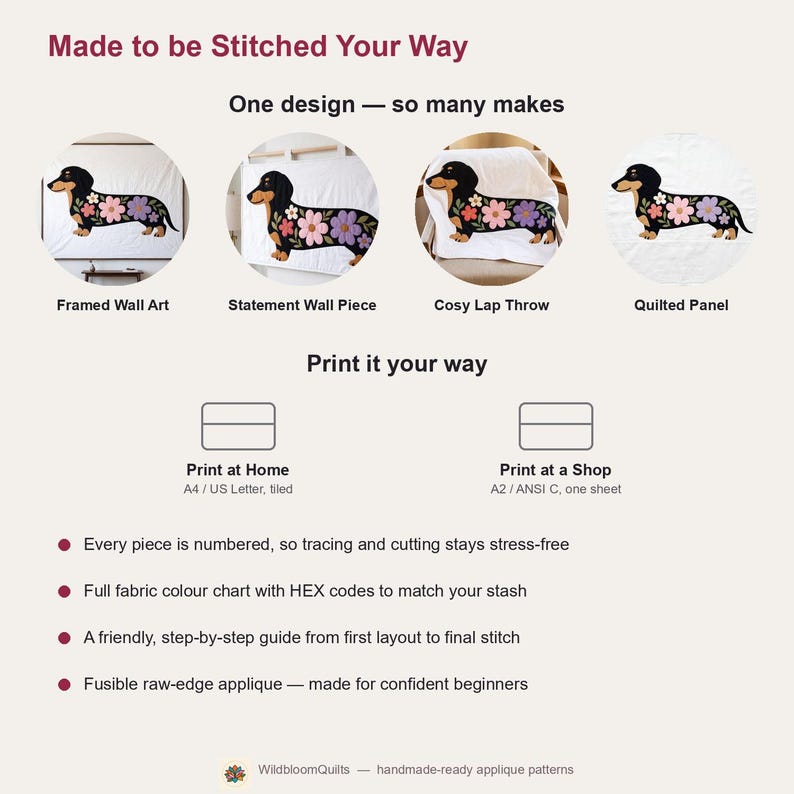 Dachshund Quilt Pattern, Dog Wall Hanging Quilt Pattern PDF, Easy Floral Applique Quilt for Beginners, Doxie Gift, Raw Edge Fusible Applique image 7