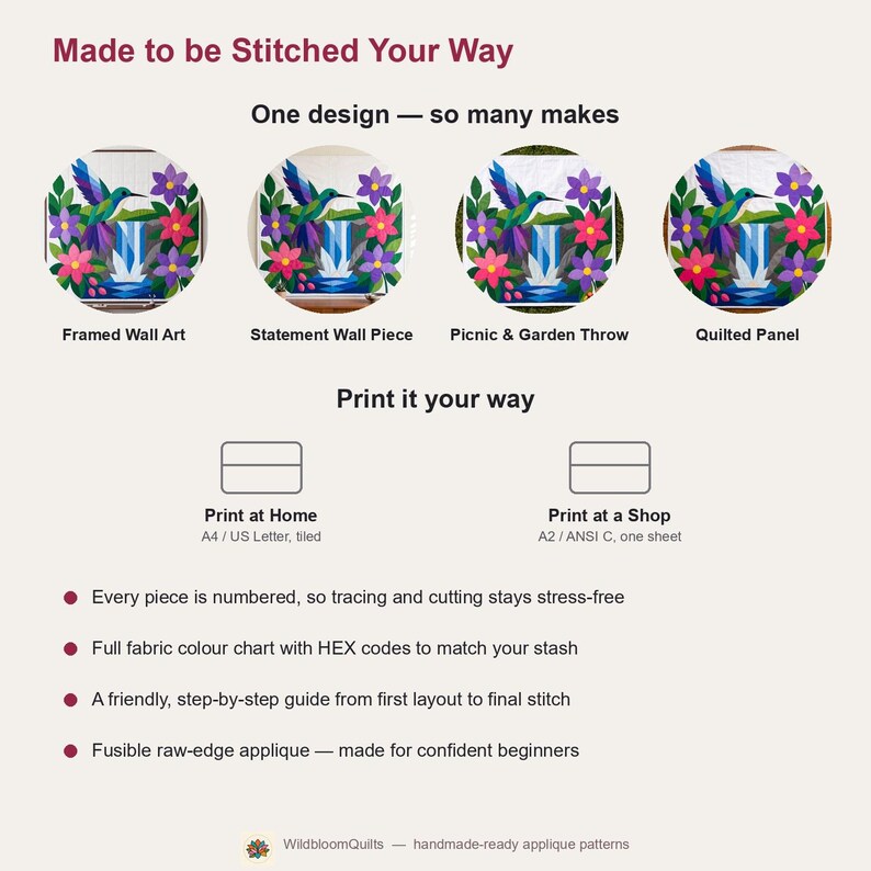 Hummingbird Quilt Pattern, Bird Wall Hanging Quilt Pattern PDF, Beginner Applique Quilt, Raw Edge Fusible Applique image 12