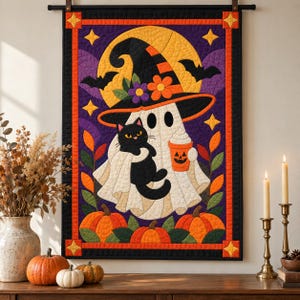 Halloween Ghost Quilt Pattern, Applique & Collage Quilt, Black Cat Quilt Pattern PDF, Patchwork Wall Hanging, Witch Hat Pumpkin Template image 13