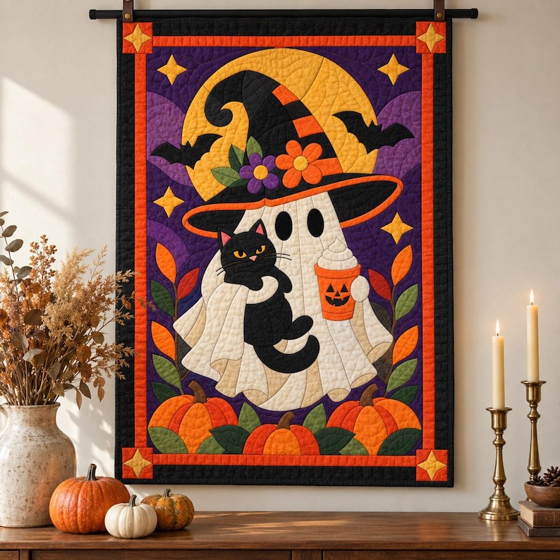 Halloween Ghost Quilt Pattern, Applique & Collage Quilt, Black Cat Quilt Pattern PDF, Patchwork Wall Hanging, Witch Hat Pumpkin Template image 13