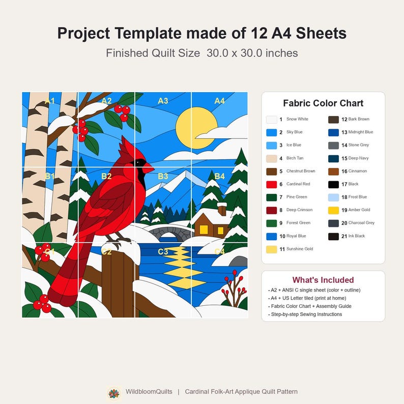 Quiltmuster „Winterkardinal“, Applikations- und Collage-Quilt, Vogel-Quiltmuster (PDF), Patchwork-Wandbehang, Quiltvorlage im Stil der Volkskunst Bild 14