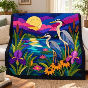Patrón de colcha de garza, aplique termoadhesivo con borde sin rematar, patrón de colcha de pájaros en PDF, tapiz de pared de paisaje de humedal, plantilla de colcha de arte popular imagen 9
