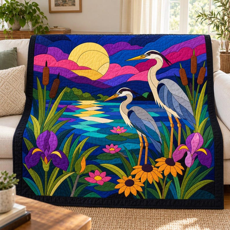 Patrón de colcha de garza, aplique termoadhesivo con borde sin rematar, patrón de colcha de pájaros en PDF, tapiz de pared de paisaje de humedal, plantilla de colcha de arte popular imagen 9