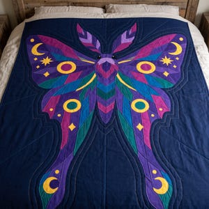 Amethyst Moth Quilt Pattern, Raw Edge Fusible Applique PDF, Celestial Moth Pattern, Patchwork Wall Hanging, Folk Art Quilt Template image 9